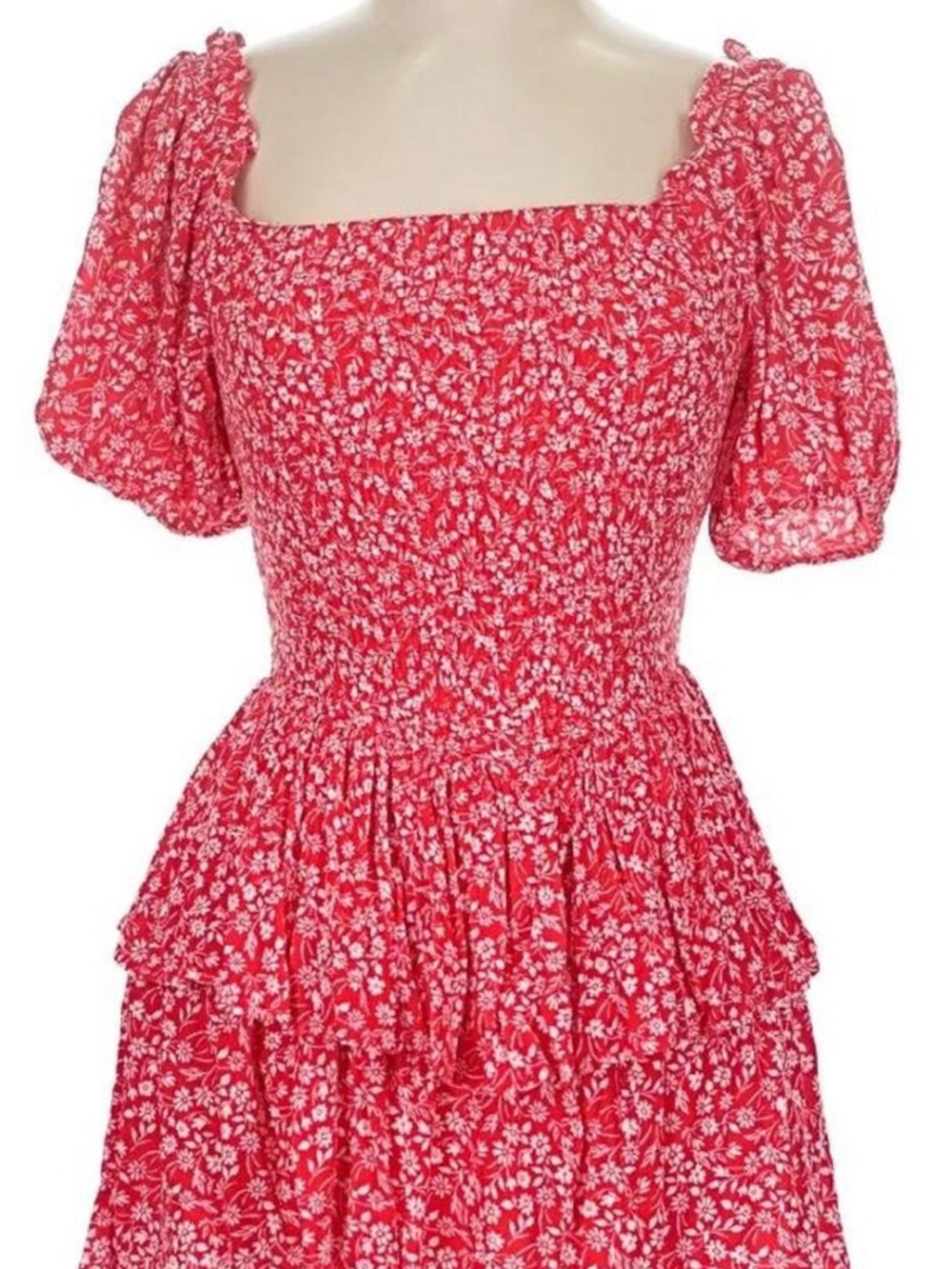 Red and White Ruffled Tier Sundress, Floral Ruffles Cottage Romantic Style